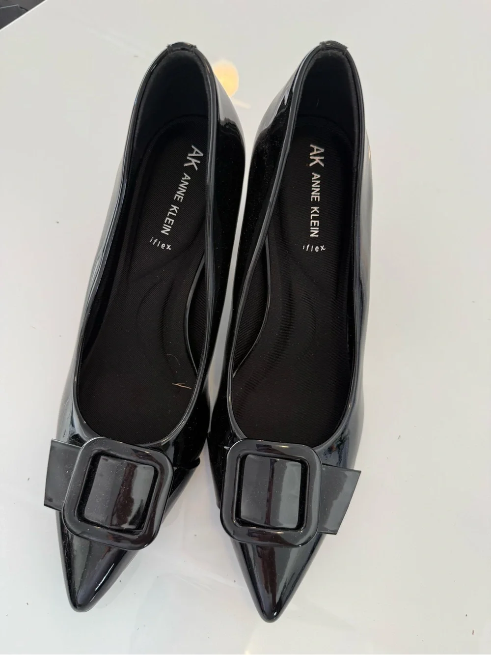 Anne Klein Black Patent Pointed Toe Flats with Buckle